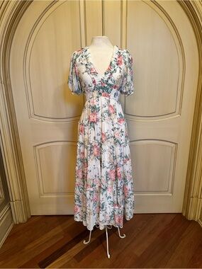 Yumi Kim White Maxi Dress with Pink and Green Floral Print